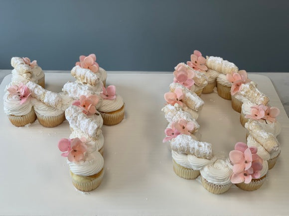 Number Cupcake Cake topped with Ladylocks and Faux Florals (24 cupcakes)